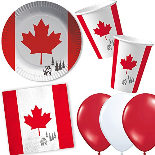 DH-Konzept/CARPETA 37-TLG. Party-Set * Kanada * mit Pappteller + Servietten + Pappbecher + Luftballons für Mottoparty | Länderparty Geschirr Party Einweg Deko Canada