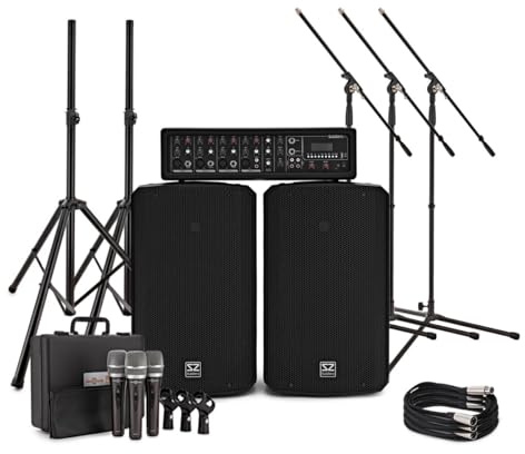 SubZero SZPA-410 175W 10 PA System with Microphones and Stands | Comprehensive Four-Channel PA with Mics, Two 10-Inch Speakers, Delay FX with 3-Band EQ, Stands and XLR Cables Included