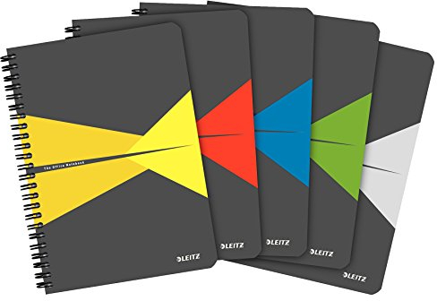 Leitz Office Notizbuch liniert A5, 5er Pack, mit festem Kunststoff-Deckel, Drahtkammbindung, 90 Blatt, 1 Lesezeichen, 90 g/m², Elfenbein-Papier, 44990099