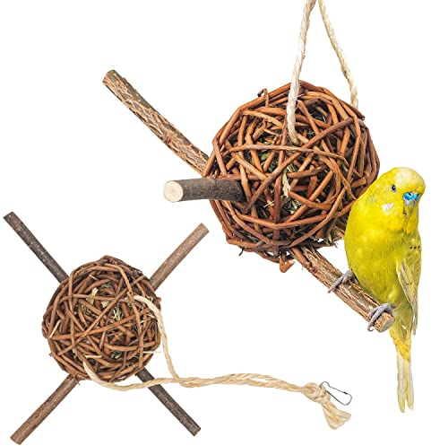 Vogelgaleria® 2er Set prall mit Heu gefüllte Weidenkugel 10cm zum knabbern und Klettern für Vögel | Bestes Wellensittich Spielzeug für den Käfig | Ideales Knabberspielzeug Vogelzubehör handgemacht