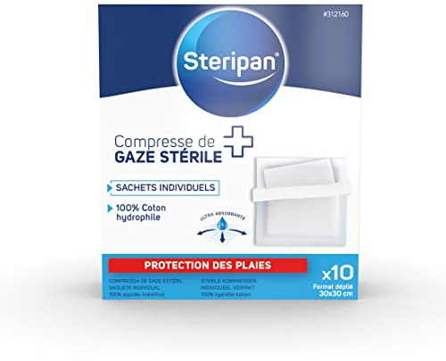 Steripan - Compresse de Gaze Stérile - Protection des Plaies - 100% Coton Hydrophile et Ultra-Absorbante - 10 Sachets Individuels - 30x30 cm - Lot de 2