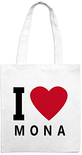 Jutebeutel mit Namen Mona - Motiv I Love - Farbe weiß – Stoffbeutel, Jutesack, Hipster, Beutel