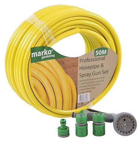 Marko Gardening 50M Yellow Professional Hosepipe & Spray Gun Set with Fittings Heavy Duty Hose