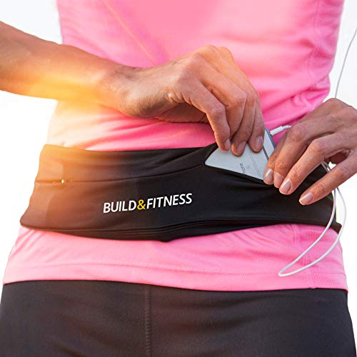 Build & Fitness Cinturón Hombre/Mujer para Correr, Riñonera Running Reversible, Clip Llavero, Riñonera Deportiva Apta para iPhone, Samsung (Negro, XL / 39-44 (98-112cm))