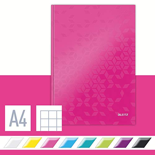 Leitz WOW Notizbuch A4 kariert, Hardcover, 160 Seiten, 80 Blatt FSC-zertifiziertes Papier (80 g/m²), Hochwertiger laminierter Einband, Fadenheftung, Für Büro, Schule oder als Tagebuch, Pink, 46261023