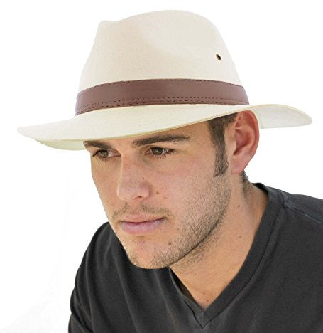 Dannii Matthews Stylish Men's Cotton Fedora with Brown Faux Leather Band, Natural, 58cm