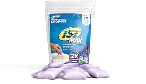Camco TST MAX Camper/RV Toilet Treatment Drop-INs - Control Unwanted Odors & Break Down Waste and Tissue - Safe Septic Tank Treatment - Lavender Scent, 15-Pack (41559)