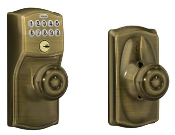 Schlage FE595 CAM 609 GEO Camelot Keypad Entry with Flex-Lock and Georgian Style Knobs, Antique Brass
