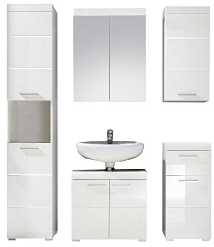 trendteam smart living - Amanda - Badezimmer Komplettset (WBU + Spiegelschrank + Standschrank + Hochschrank + Hängeschrank) - Weiß/Weiß Hochglanz - (BxHxT) 163 x 190 x 34 cm - Kratzfest