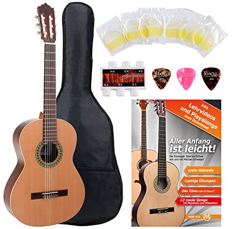 Antonio Calida GC201S 7/8 Konzertgitarre SET inkl. 5-teiliges Zubehörset (massive Zedern Decke, Mahagoni Hals, Mensur 639 mm, inkl. Gigbag, Schule, Saiten, Plektren, Stimmpfeife) natur