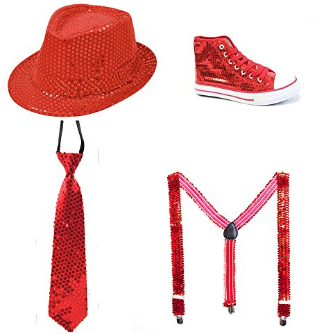TrendandStylez Pailletten Schuh, Pailletten Hut, Pailletten Krawatte, Pailletten Hosenträger Glitzer ROT