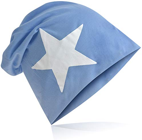 Miobo Jersey Slouch Beanie mit Stern Style, Herren Damen,Einheitsgröße,WeissStern-Babyblau