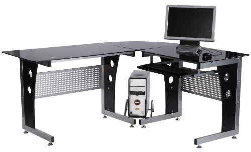 HOMCOM Bureau d'informatique Angle pour Ordinateur Meuble Table de Travail Plateaux Verre fumé trempé