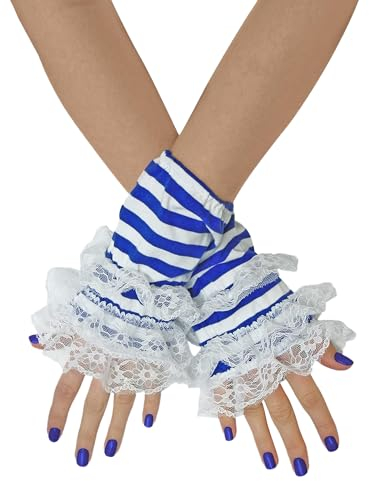 TrendandStylez Handstulpen Ringel mit Spitze Rot Blau Schwarz Handschuhe (Blau/Weiss)