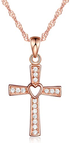 Unendlich U Klassisch Kreuz Herz Damen Halskette 925 Sterling Silber Zirkonia Anhänger Kette mit Anhänger, Rosegold
