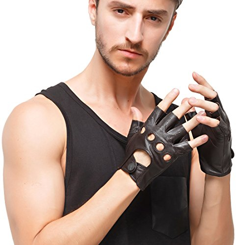 Nappaglo Herren Lederhandschuhe für Fahren italienisches Lammfell Halbfinger Fingerlose Ungefüttert Motorrad Radfahren Handschuhe (L (Umfang der Handfläche:21.6-22.8cm), Braun)