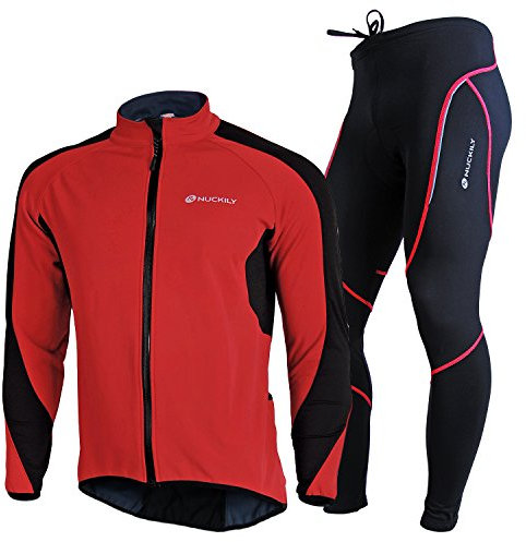 NUCKILY Herren Fahrradbekleidung Set Radtrikot Langarm Winddicht Thermische Fleece Hosen mit 3D Sitzpolster, Farbe: 60403, Gr. L