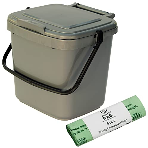 Kitchen Compost Caddy and 25x 8L Compostable Bags - Silver Grey - for Food Waste Recycling (7 Litre) - 7L Plastic Composting Bin