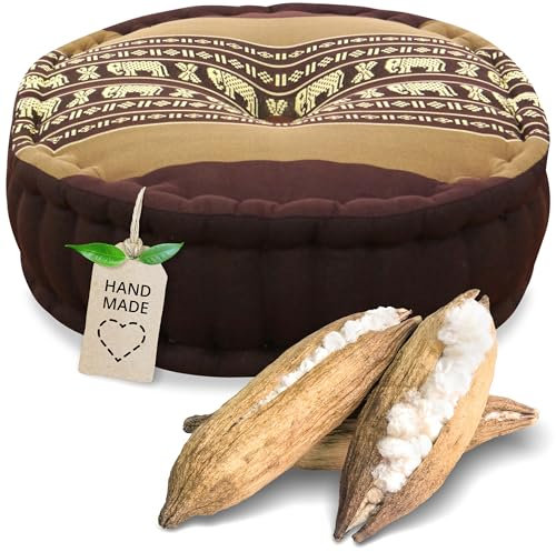 livasia Meditationskissen - Ø 38x15cm - Yogakissen mit Kapokfüllung, Pouf, Bodenkissen rund für Yoga und Zen Meditation, Zafukissen für Garten und Balkon, Sitzkissen handgemacht (Braun/Elefanten)