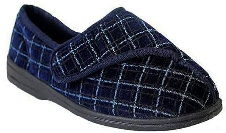 Mens Navy Check Velour Washable Touch Fastening Slipper - George - Navy Check - size UK Mens Size 12