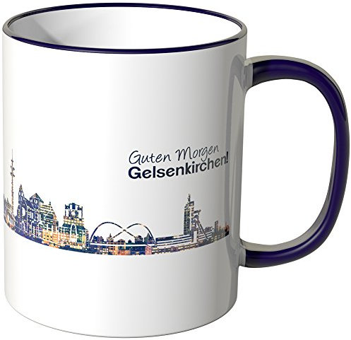 WANDKINGS® Tasse, Schriftzug Guten Morgen Gelsenkirchen! mit Skyline bei Nacht - LILA