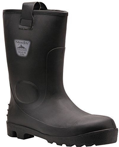 Portwest FW75 Steel PVC Rigger Boot Lightweight Reinforced Ankle Protection | Black/White, 8.5, S5 EN ISO 20345, Rubber Outsole, Cold Insulation, 100% Waterproof, Water Resistant, Button Front