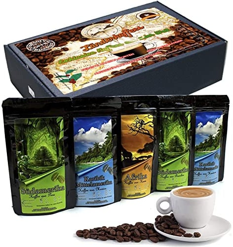 C&T Kaffee Geschenk-Set mit Länder-Kaffee aus aller Welt | 5x Kaffees je 65g Ganze Bohnen | Brasilien + Honduras + Peru + Mexiko + Kenia - im Geschenkkarton