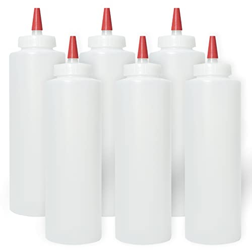 Pinnacle Mercantile Plastic Condiment Squeeze Bottles with Red Tip Cap 16-ounce Set 6 for Ketchup, Mustard, BBQ, Dressing, Sauces, Crafts and More