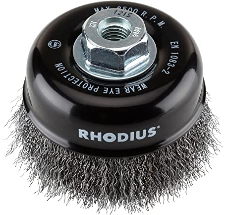 Rhodius Stahl-Topfbürste STBW mit gewelltem Stahldraht für den Einsatz auf Winkelschleifern, 100 x 30 x M14 mm