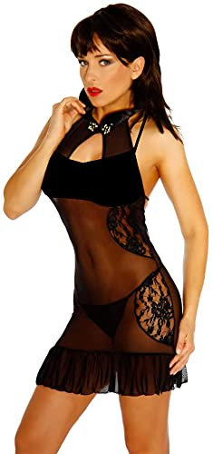 LH-Dessous - 11063 Größe S-L. Erotisches volltransparentes Negligée-Kleid im Asia-Look,am Hals durch einen typisch asiatischen Knopf zu schließen ,mitStehkragen+Stringtanga