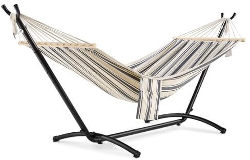 VonHaus Hammock with Stand - Freestanding 1 Person Striped Hammock Seat with Steel Frame - Polycotton Material & Adjustable Frame for Garden - Travel Bag for Beach, Camping & Outdoors - Blue & White