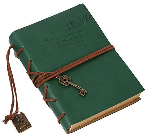 King Vintage-Notizbuch im Ledereinband, mit Schlüssel, Baumblatt-Lesezeichen und Blanko-Seiten dunkelgrün