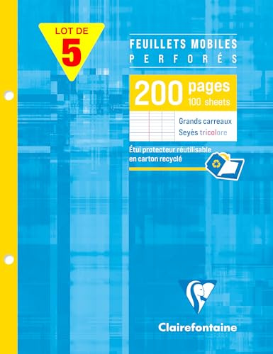 Clairefontaine 1351C - Packung mit 5 Mappen à 100 Ringbucheinlagen 17x22 französische Lineatur,90g, 2-fach gelocht, ideal für Ringbücher, 1 Pack