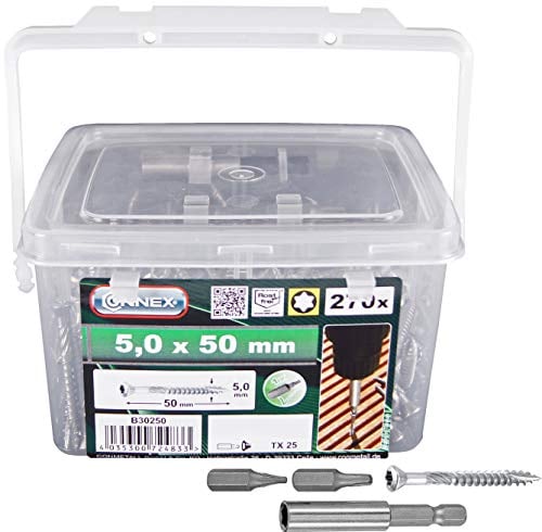 Connex Terrassenschrauben 5,0 x 50 mm - 270 Stück - Mit Bohrspitze & Schneidkerbe - Senkkopf - TX-Antrieb - Rostfreier Edelstahl C1 - Inkl. Magnethalter & 2 Bits / Schrauben-Eimer / B30250