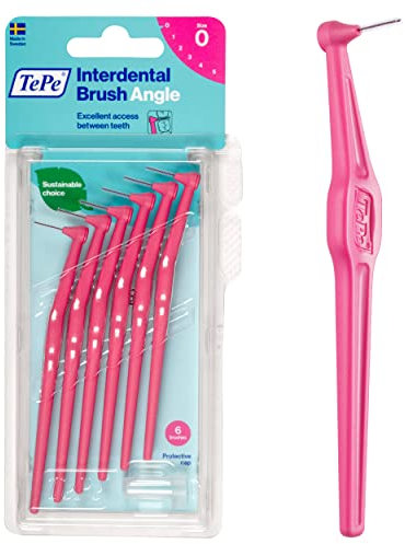 TePe INTERDENTAL BRUSH ANGLE - Pink 0.4mm 1 Pack of 6 Brushes - Recommended by Dentists for Best Oral Health, Healthy Mouth & Gums Between Dental Visits, Prevent Bad Breath and Periodontal Disease
