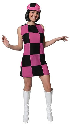 Vestito da donna anni '60, taglia L, a scacchi rosa e nero, con cappello abbinato, perfetto per travestimenti anni '60, feste in maschera a tema film o altri eventi in maschera, Nero e rosa., L