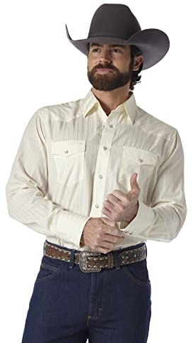 Wrangler Men's Sport Western Two Pocket Long Sleeve Snap button down shirts, Light Tan, L UK