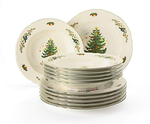 Seltmann Weiden Tafelservice 12-teilig Cream | Set für bis zu 6 Personen | Serie Marieluise | beinhaltet je 6 Speiseteller und Suppenteller, Hartporzellan, Grün/Bunt