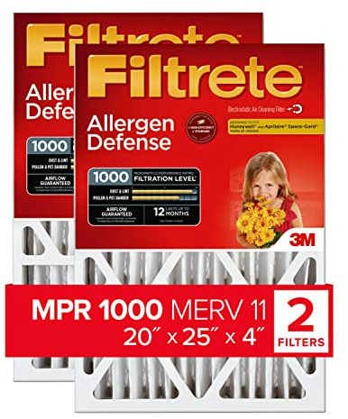 Filtrete 20x25x4 Air Filter MERV 11, MPR 1000 Micro Allergen Defense 2-Pack, Fits Honeywell & AprilAire, AC Furnace HVAC Filters for Home, Pleated Electrostatic (Actual Size 19.88 x 24.63 x 4.31 in)