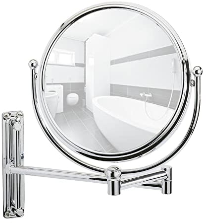 WENKO Kosmetikspiegel Deluxe Groß - Wandspiegel, höhenverstellbar, schwenkbar, Spiegelfläche 19 cm 500 % Vergrößerung, Stahl, 23 x 28.5 x 33 cm Silber