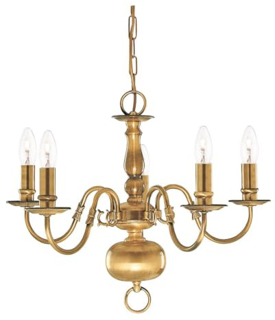 FLEMISH SOLID ANTIQUE BRASS 5 LIGHT CHANDELIER WITH METAL CANDLE COVERS