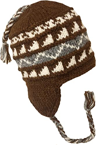 Nepal Handgestrickte Sherpa-Mütze mit Ohrenklappen, Trapper-Ski-Mütze aus schwerer Wolle mit Fleece gefüttert (Rust Diamonds)