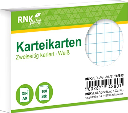 RNKVERLAG 114880 - Karteikarten kariert, weiß, DIN A8, 1 Packung à 100 Karten