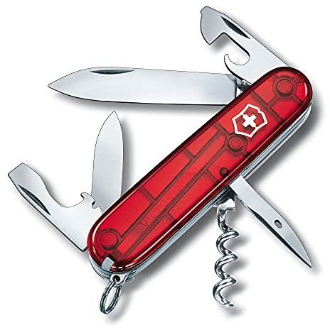 Victorinox Spartan Swiss Army Knife, Camping Pocket Knives, Medium, Multi Tool, 12 Functions, Blade, Bottle Opener, Red Transparent