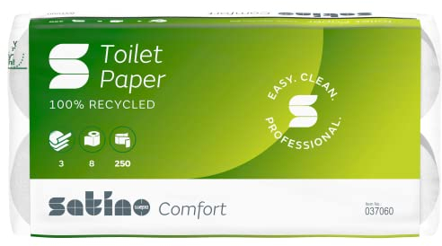 Satino Comfort Toilettenpapier 3-lagig - Packung mit 8 Rollen WC-Papier - softes Klopapier umweltfreundlich und nachhaltig hergestellt aus 100% Recyclingpapier weiß