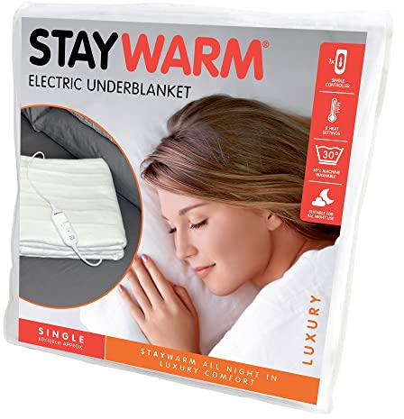 STAYWARM® Single Size Luxury Quality Electric Underblanket with Detachable Controller / 2 Heat Settings / Detachable Cord / Machine Washable / Safe All Night Use - 40w - 120 x 60cm - F900 - White