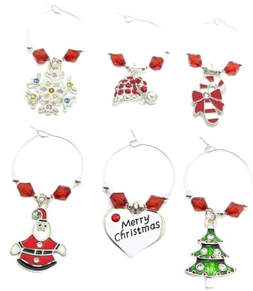 Libby's Market Place Weinglas-Anhänger, Weihnachts-Motive, handgefertigt, mit Strasssteinen, 6 Stück