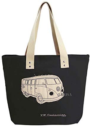 BRISA VW Collection - Volkswagen Wiederverwendbare Canvas-Einkaufs-Tüte-Strand-Tasche mit T1 Bulli Bus Motiv (Silhouette/Schwarz)