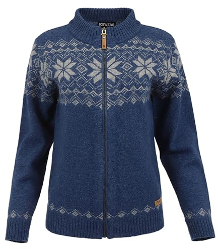 ICEWEAR Damen-Strickjacke aus Angora-Wolle: Modern, Warm, Atmungsaktiv, Langarm, Rollkragen, Rippung, Reißverschluss, Blau, Sterne, Nordisch (modern), EU 38-48