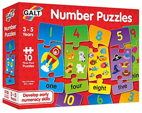 Galt Number Puzzles - Fun, Colourful Early Learning Jigsaw Puzzles - Set of 10 Three Piece Numbers Puzzles for Kids - Develop Number Recognition and Counting Skills - Children Ages 3 to 5 Years Old
